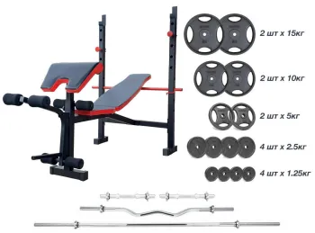 Скамья для жима ReadMeBlack + Штанга металлическая 83 кг, гриф W, гантели RN-Sport (RMB-83m) - фото 