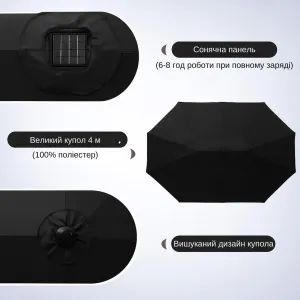 Потрійна садова парасоля WCG з LED-підсвіткою та сонячною панеллю 270×460 см (чорна) (W-7510BL) - фото 106791